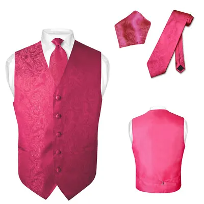 Men's Dress VEST NeckTie For Suit HOT PINK Color PAISLEY Design Tie Hanky Set • $27.95