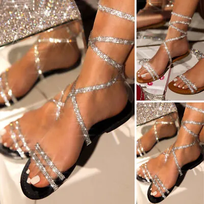 £19.28 • Buy Lady Summer Gladiator Sandals Rhinestone Glitter Strappy Flat Party Shoes Size