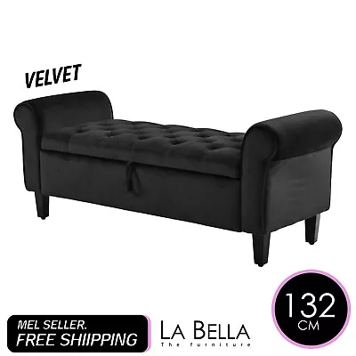 La Bella Storage Ottoman Bench Seat 132cm Chest Arm Couch Stool Velvet - Black • $227.90