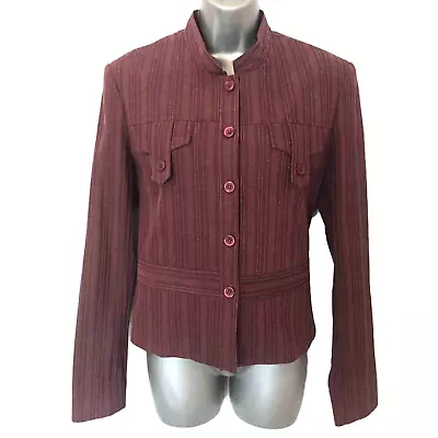 VALENTINA XX Jacket Size 12 Burgandy Blazer Textured Stripe Nehru Collar Pockets • £38