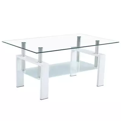 New Style Rectangular Glass Top Coffee Table Shelf Living Room Furniture White • $78.99