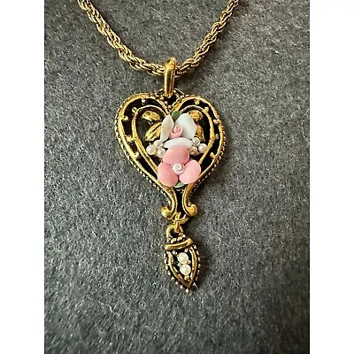 Goldtone Heart Pendant With Ceramic Rose Accents Necklace 1928 Or Avon • $12.97