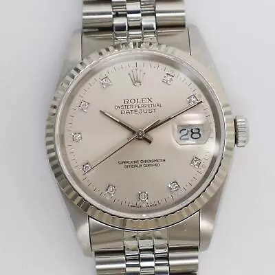 1990 Rolex 16234G Datejust 36 18K White Gold Steel Diamond Silver Dial Watch • $6188