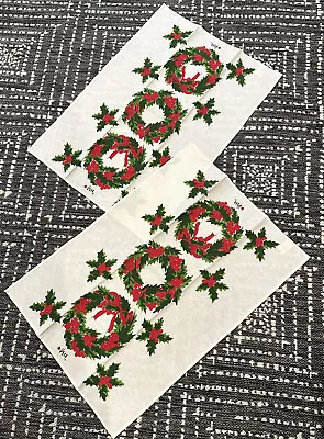 2- Vintage Vera Neumann Lady Bug Linen Tea Towels “ Christmas Wreath “ NOS • $28