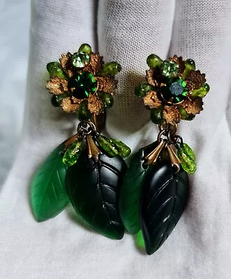 Signed MIRIAM HASKELL - Vintage 1960s Green Glass Drop Clip On Earrings • £89.99