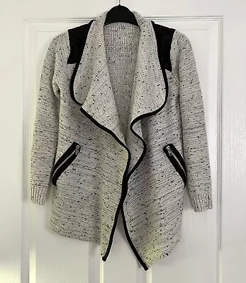 Quiz Open Frontknit Jacket Cardigan With Faux Leather Detail Size Med UK 12 • £7.99