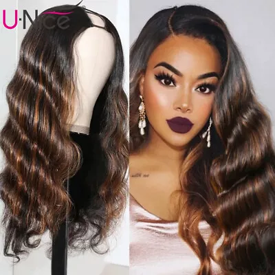 UNice Indian Ombre Balayage Brown Body Wave U Part Human Hair Wig Glueless Wigs • $73.69