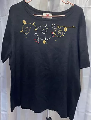 Quacker Factory 1X Women Sweater Black Christmas Holiday Short Sleeve EUC • $19