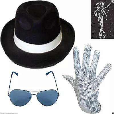 New Adults Michael Jackson Hat Sequin Glove Glasses Deluxe Fancy Dress Gangster • £12.99