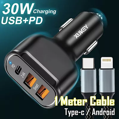 Car Charger Cable USB Type C Fast Charging Car Phone Adapter For IPhone Samsung • £8.95