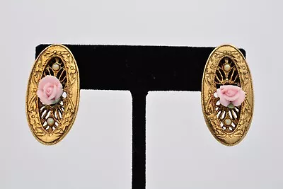 Vintage Rose Earrings Pink Porcelain Antiqued Gold Oval Romantic Chunky 90s BinH • $21.56