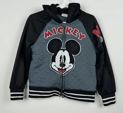 Disney Mickey Mouse 4 4T Quilted Jacket Hooded Gray Black Red Classic Stripe • $14.99