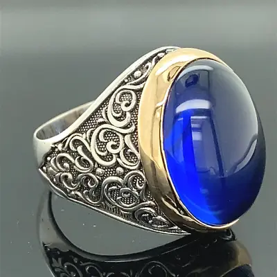 Men Blue Sapphire Stone Ring  Man Sapphire Stone Ring Turkısh Handmade Ring • $65