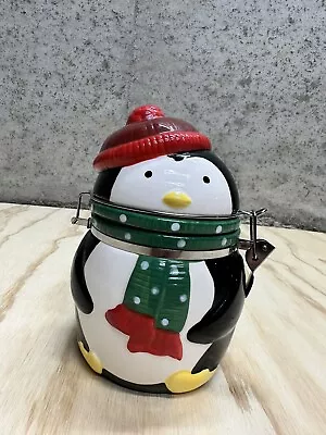 Penguin Snowman Ceramic Holiday Cookie Jar W/Hinged Lid • $15.20