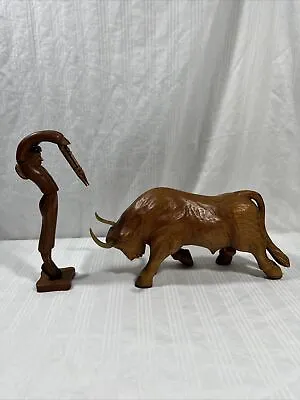 Vintage J. Pinal Hand Carved Wooden Matador And Bull Sculpture • $85