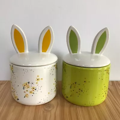 Bunny Rabbit Ear Ceramic Lidded Storage Jar X 2 White Green Ditsy Floral 16cm • £22