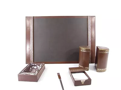 Vintage 6 Pc. Mid-Century Italian Brown Leather & Gold Gilt Trim Desk Set • $65