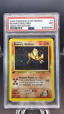 PSA 7 1st Edition Blaine's Moltres Holo Rare 1/132 Gym Heroes Pokémon TCG (SWIRL • $150