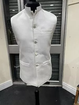 Men Eid Party Wedding Waistcoat Nehru Jacket  Off White Suiting Material Ind Pak • £23.99