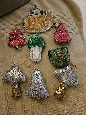 8 Pillow Ornaments Beaded Sequined  Cat Trees Fruit. Mary Engelbreit Teapot • $19.99