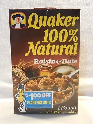 Vtg 1989 Quaker Raisin Date Cereal 1 Lb Box Planters Peanut Mr Peanut Unopened • $5.95