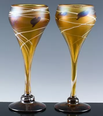 Beautiful Pair 1976 Vandermark Gold Aurene American Art Glass Wine Goblets Vases • $32