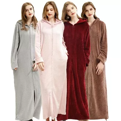 Hooded Ladies Dressing Gown Bath Robe Warm Soft Womens Fleece Zip Up Long Robes • £25.79