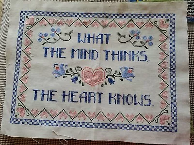 Handmade Complete Cross Stitch 12x16  Pink Blue Motto Mind Thinks Heart Knows • $7.83