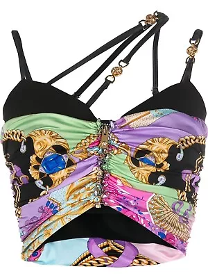 NWT Versace Ventagli Fan Print Gold Medusa Strappy Zip Bustier Top 44 US 8 $2450 • $699.99