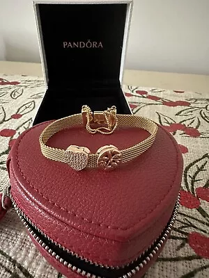 Pandora Reflexions Mesh Bracelet Rose Gold Plated 17 Cm With Charms Safety Chain • £69