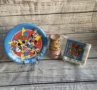 Vintage Disney Mickey Birthday Party Supplies Napkins Plates Cups 8 Set Lot Pack • $29.99