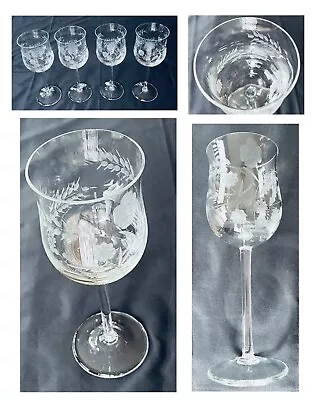 VINTAGE Crystal Wine Glasses ETCHED FLORAL 6 Oz. Clear 4-Piece Set • $28.88