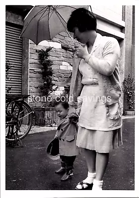 VTG Japanese Found Photo - 60s 70s - Woman & Boy Walk In Rain Under An Umbrella • $5.99