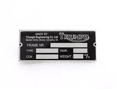 Triumph Black Aluminium Data Plate ID Tag Frame Vintage New Motorcycle #23C21 • $14