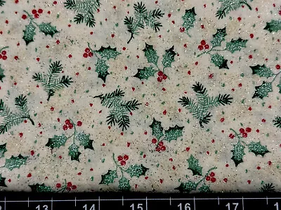 Tina Scrap 9 X21  Christmas Holly Glitter Pine Branch Snowflakes FABRIC COTTON • $2.99