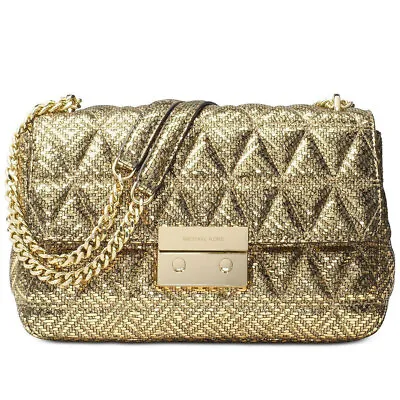 MICHAEL KORS Gold Metallic Sloan Quilted Pyramid Large Chain Shoulder Bag • $239.99