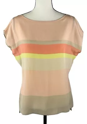 C Wonder Silk Top With Cap Sleeves In Peach Hue Block Stripe Pattern Size XS-Me • $25