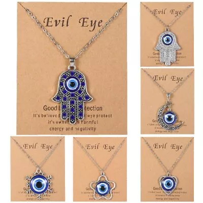 Turkish Hamsa Blue Evil Eye Pendant Necklace Men Women Good Luck Jewelry Gift • $2.74