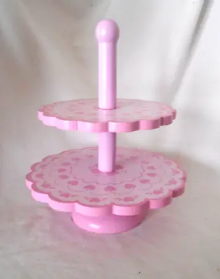 Vintage Pink Hearts Wooden Small Cupcake Dessert Display Stand 2 Tiers • $19.95