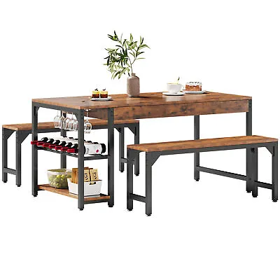 3-Piece 63  Wood Dining Table Set With 2 Benches Kitchen Table Set For 4 People • $169.99