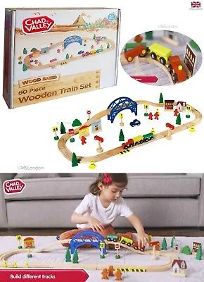Quality Wooden Train Set 60 Piece Kids Bridge Vehicles Buildings Toys  Gift UK • £22