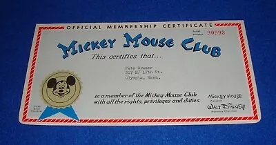 Vintage Mickey Mouse Club Membership Certificate Number 90993 • $11.04