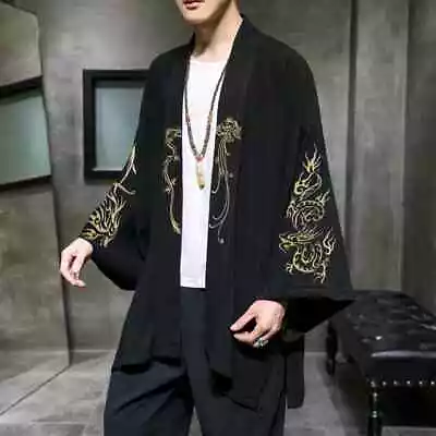 Fashion Hanfu Men Chinese Linen Robe Cardigan Jacket Casual Kimono Ancient Coat • $61.52
