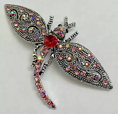 Vintage Dragonfly Insect Pink Rhinestone Brooch Pin Filigree Antiqued Color Bug • $12.95