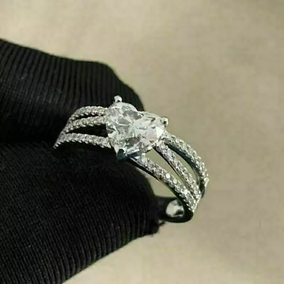 1.50Ct Lab Created Diamond Heart Shape Engagement Ring 14K White Gold Plated • $149.99