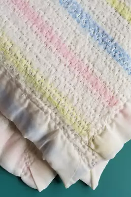 Vintage Beacon Baby Blanket Acrylic Waffle Weave Pastel Striped Satin Trim 36x46 • $17.87