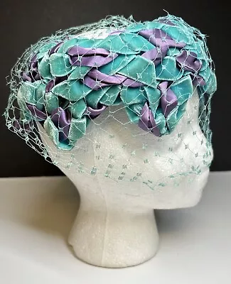 Vintage Ladies Fascinator Skull Cap Hat Purple Turquoise Velvet Netting 1950's • $21.95