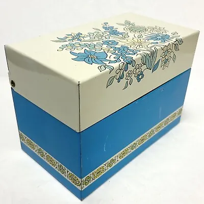 OHIO ART Metal Tin Recipe Card Box Blue White Floral Design 60’s Vintage Kitchen • $24.64