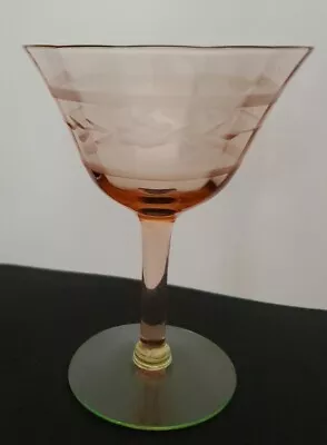 Floral Etched Watermelon Depression Wine Glass Pink Green Tiffin (?) • $19