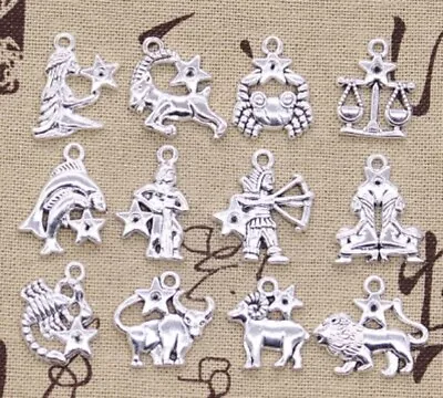 12 Pcs Set Tibetan Silver Zodiac Charms Horoscope Star Sign Pendant Necklace UK • £5.95